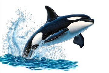 Realistic orca jumping out of the water, vector illustration, white background, side view, 3D render, high resolution, high details, sharp focus, studio lighting