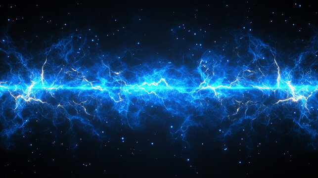 A dynamic burst of bright blue electric energy illuminates a dark background, symbolizing power, innovation, and high-voltage intensity with vibrant electric currents flowing dynamically