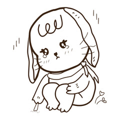 hand drawn cute little rabbit character poses, Happy easter congratulation and floral decorative elements isolated on white background, bunny sketch. Sketched rabbit or hare retro etch, antique engrav