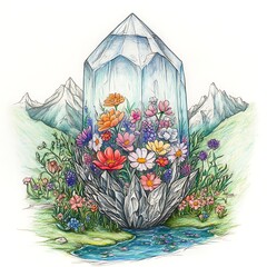 drawing of a crystal surrounded by flowers and grass with mountains in the background