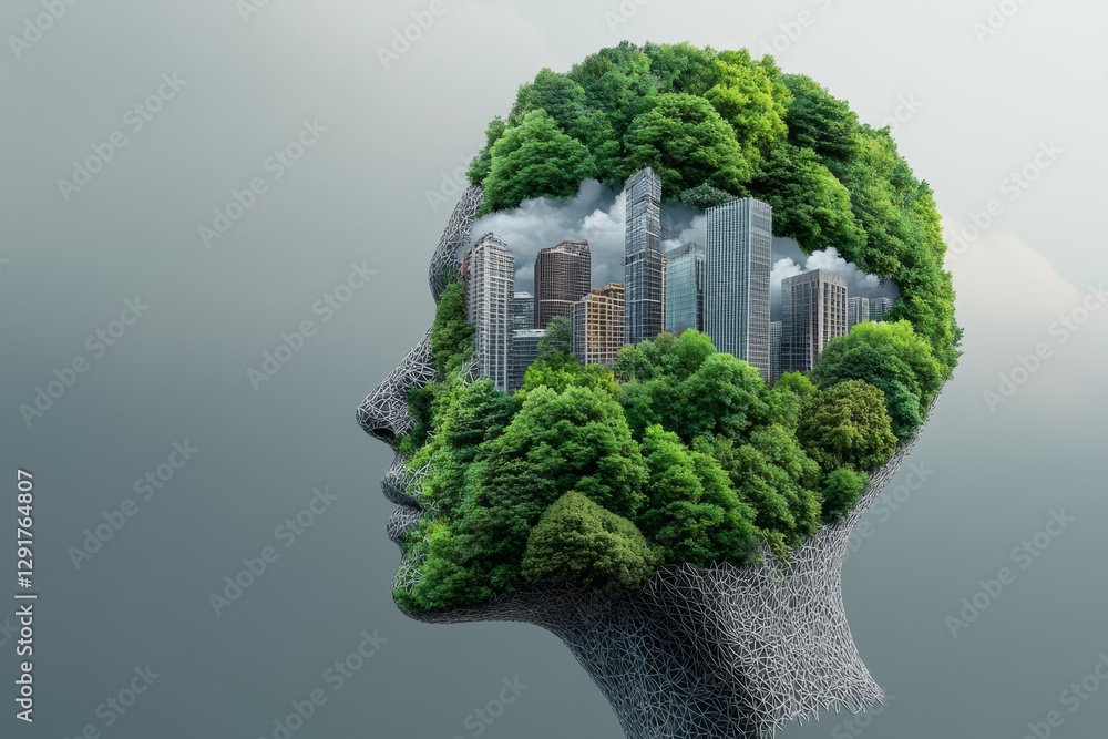 Poster a human head made of green trees, with city buildings floating in the air inside it. the background 