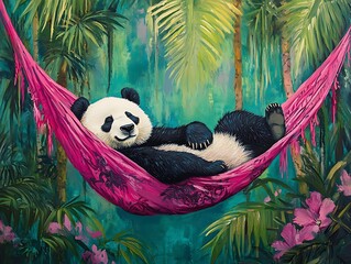painting of a panda bear laying in a hammock in a jungle
