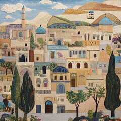 arafed picture of a tapestry of a town with a clock tower