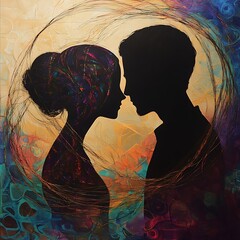 painting of a couple kissing in a circle with a colorful background