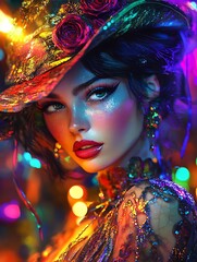 arafed woman with a hat and a colorful dress and jewelry