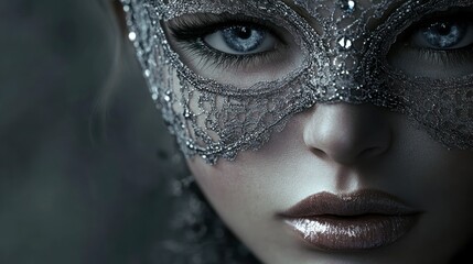 A close-up of the mysterious woman's face, wearing an elegant lace mask with sparkling diamonds on her eyes and lips.