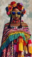 arafed woman wearing a colorful dress and a mask with flowers on it