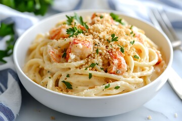 araffy pasta with shrimp and parmesan in a white bowl