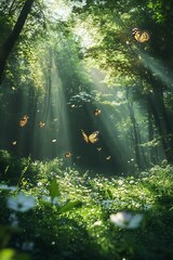 butterflies flying in the air in a forest with sunbeams