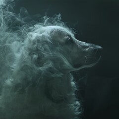 araffe dog with white fur and smoke coming out of its mouth