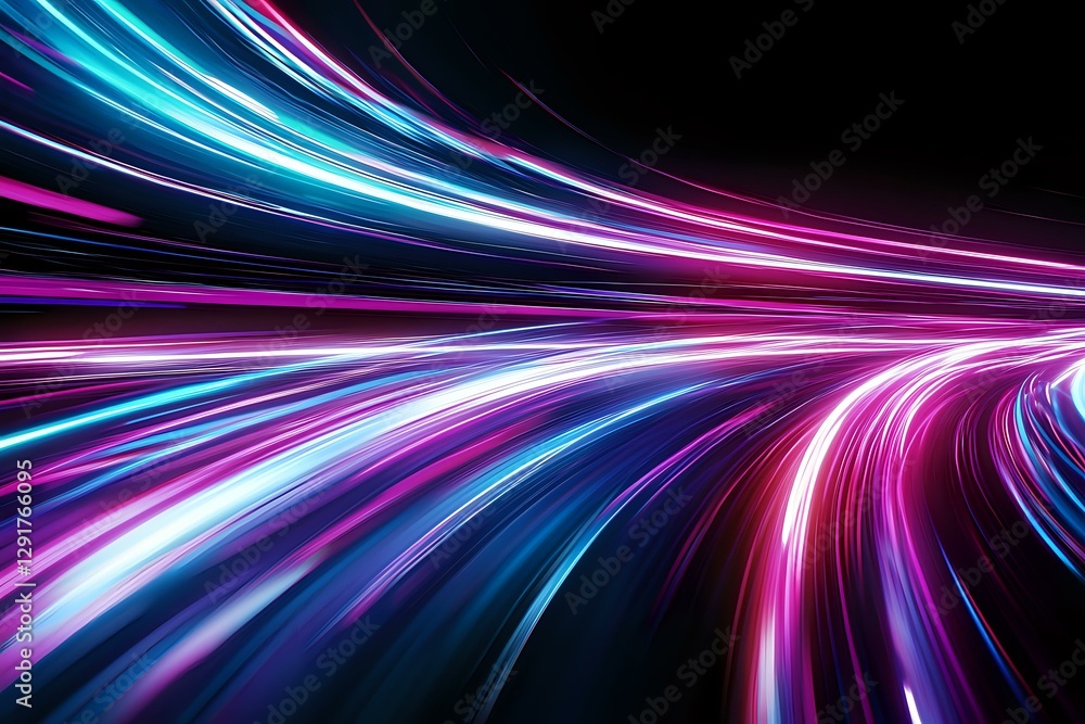 Poster abstract light trails in neon pink and blue colors creating dynamic motion effect on black backgroun