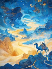 painting of a man riding a camel in a desert with a sky background