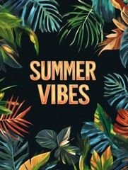 Obraz premium Celebrate Summer Vibes With Vibrant Tropical Leaves and Colorful Lettering in a Lively Design Perfect for Seasonal Events and Gatherings