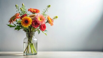 Fototapeta premium Vibrant bouquet of colorful flowers in a clear glass vase, arranged on a light wooden surface against a muted background, showcasing a tranquil and serene atmosphere.