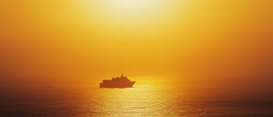 Obraz premium A solitary ship sails through a golden, sunlit sea horizon, encapsulating adventure, serenity, and the boundless journey of exploration.