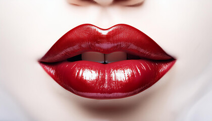 Obraz premium red glossy lips on white background glamour makeup concept beauty close up for cosmetic advertising