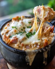 araffy dish of food with cheese and meat being lifted by a spoon