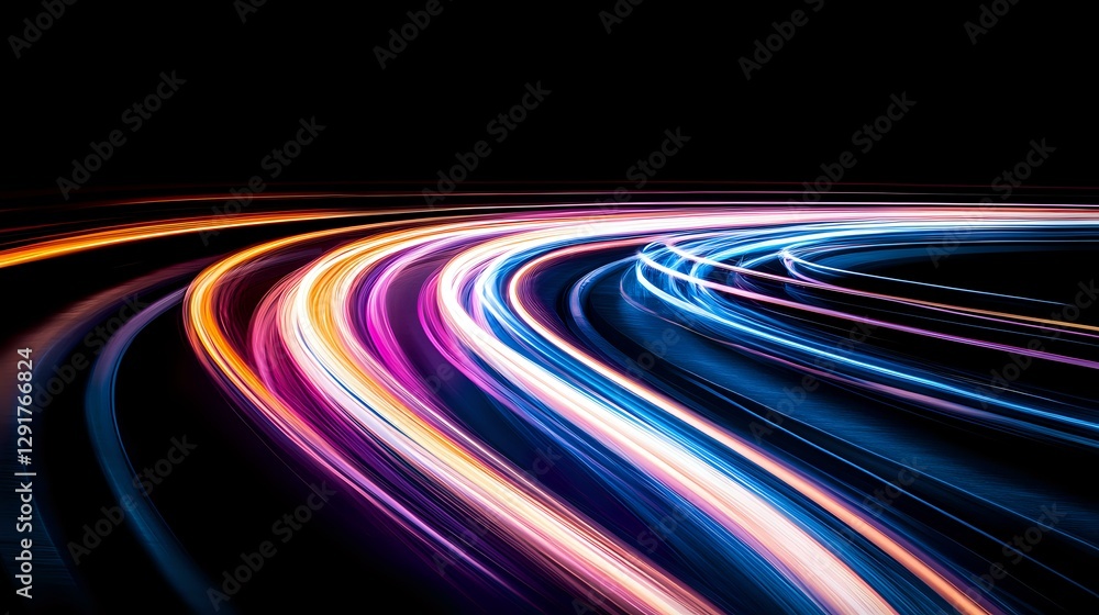Poster colorful light trails curve against dark background creating dynamic motion effect. long exposure ph
