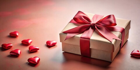 A Wrapped Gift with a Crimson Ribbon and Scattered Hearts on a Rosy Surface