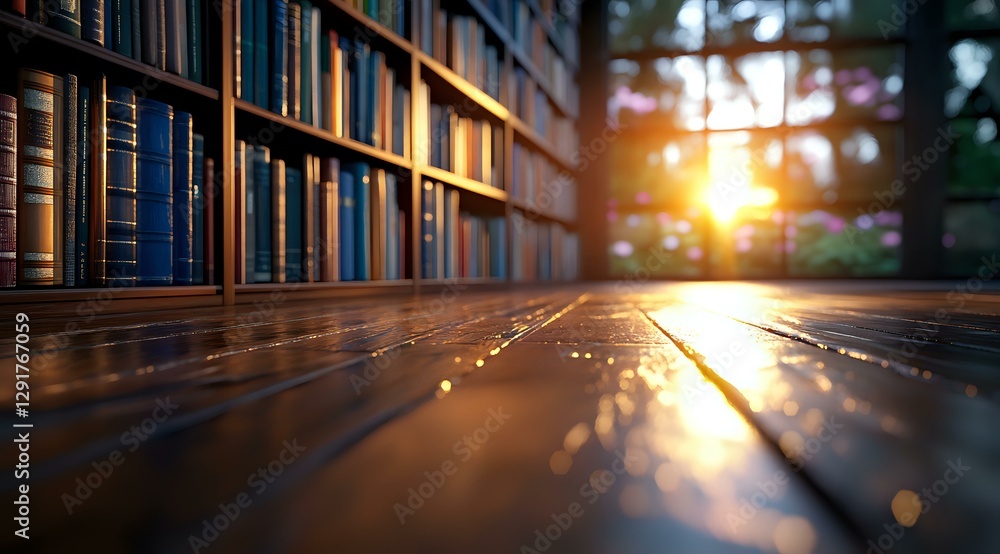 Poster sunlight streaming through window illuminates wooden library table with rows of books on shelves, cr