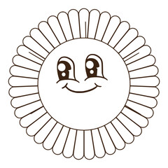 Groovy flower cartoon characters. Funny happy daisy with eyes and smile, Hippie 60s, 70s style, vector illustration isolated on white background in vintage style, Collection of vintage groovy elements