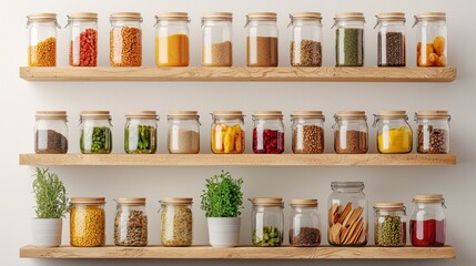 Curating sustainable ingredients zero waste kitchen wooden shelves organized jars home environment culinary concept