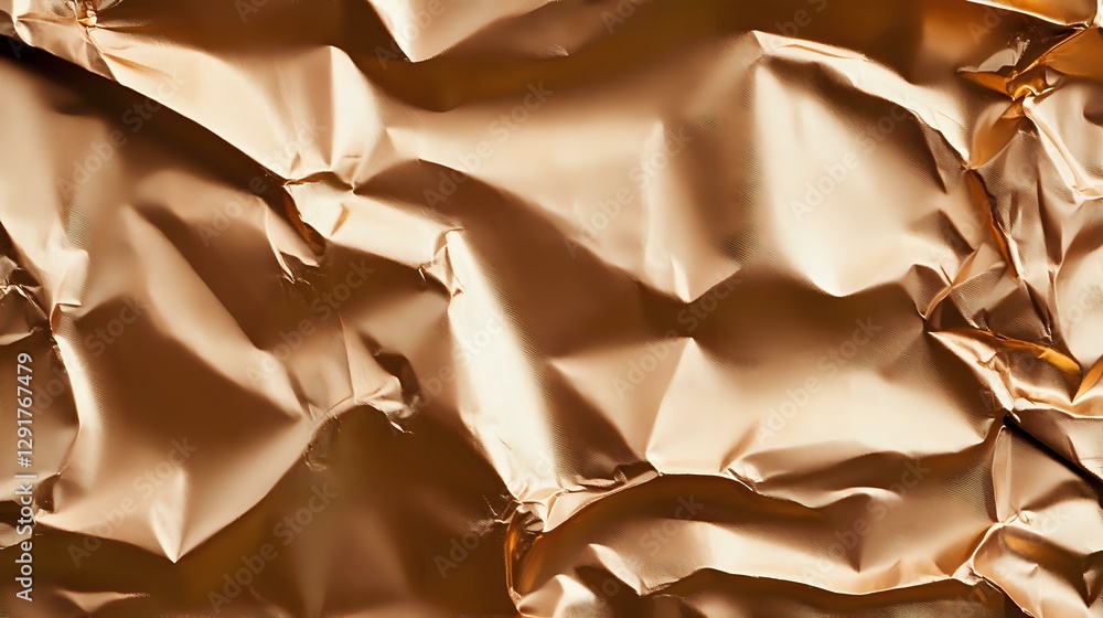 Poster crumpled metallic rose gold foil texture with dramatic shadows and highlights creating abstract geom