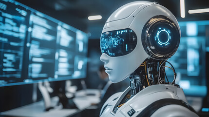 humanoid robot with futuristic design is working in high tech office environment, surrounded by digital screens displaying complex data and code