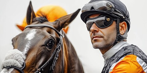 Fototapeta premium Jockey and horse portrait, race day, outdoor, cloudy background, stock photo