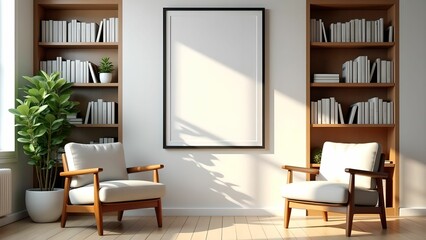 Cozy reading nook in a bright room with empty wall space