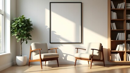 Fototapeta premium Cozy reading nook in a bright room with empty wall space