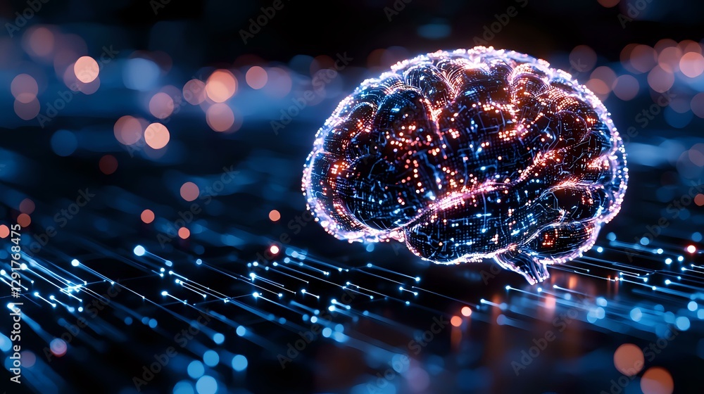 Poster glowing digital brain with neural network connections floating over circuit paths, illuminated by bl