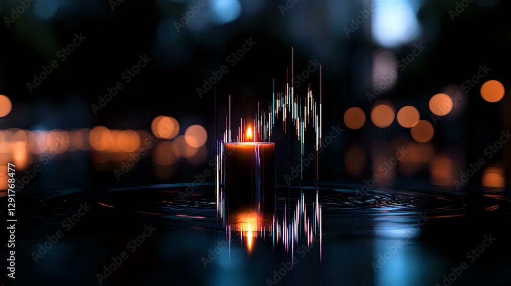 Poster glowing audio spectrum visualization with colorful waveform reflection on dark surface against blurr