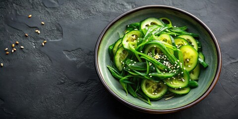 Obraz premium Refreshing Cucumber and Seaweed Salad in a Green Bowl