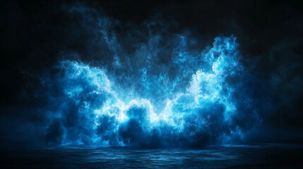 A dynamic burst of bright blue electric energy illuminates a dark background, symbolizing power, innovation, and high-voltage intensity with vibrant electric currents flowing dynamically