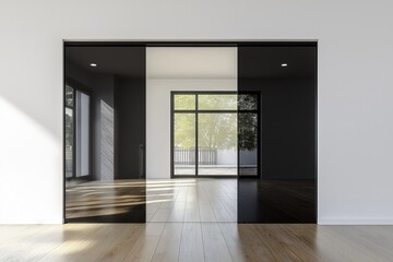 Modern minimalist living room with a sleek black frameless glass door, natural light streaming in, white walls, and wooden flooring.