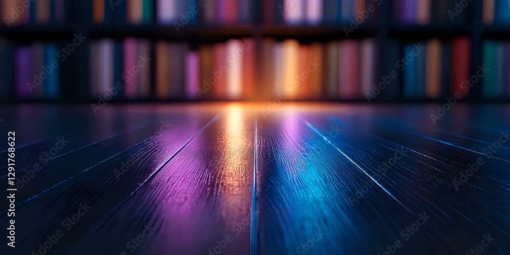 Poster dramatic perspective view of illuminated surface with neon pink and blue light reflections creating 