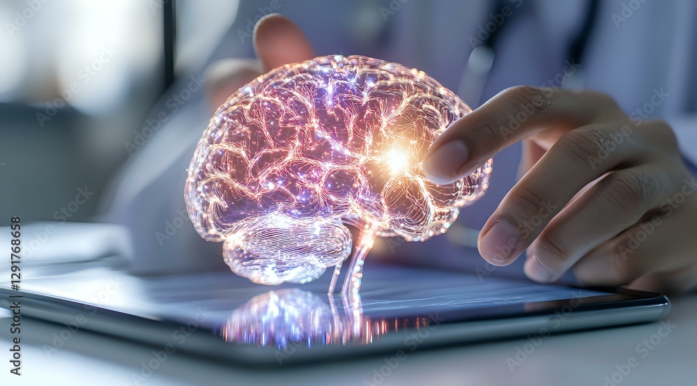 Poster Digital hologram of glowing purple brain emerging from tablet screen with hand touching neural network visualization. Medical technology concept for neuroscience and AI development.