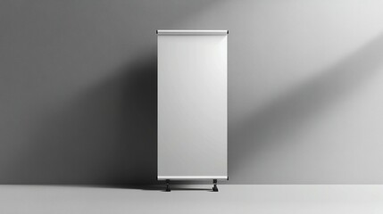 Blank white retractable banner stand mockup in a minimalist studio setting.