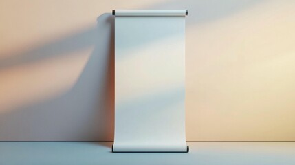 Blank white roll-up banner against a beige wall with soft lighting.