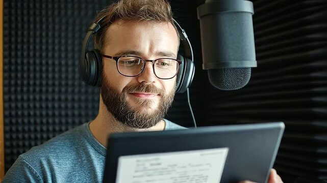 1_Voice Actor Recording in Soundproof Booth with Script on Tablet