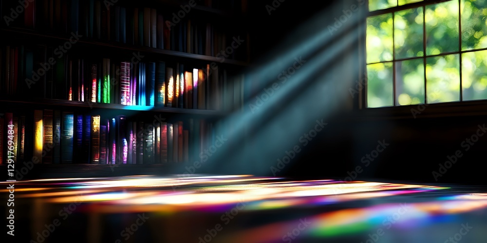 Poster colorful light beams streaming through window create rainbow reflections on wooden floor, with dark 