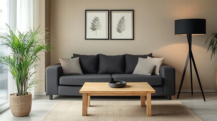 Beautiful Modern Living room Interior with furniture's ,mockup frame , posters, wall -3d Rendering