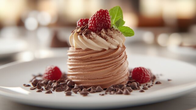 Chocolate mousse dessert, raspberries, mint, restaurant, menu