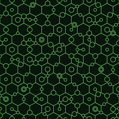 Seamless pattern with geometric shapes, hexagon, circle. Vector green on black background.