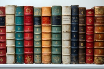 Row of vintage leather-bound books with gold embossed spines in various colors including red, green, blue and cream arranged on white wooden shelf.