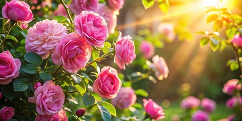 Pink roses burst forth in a vibrant summer garden, captured candidly.