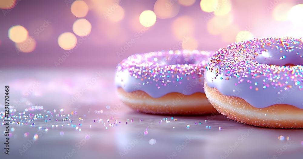 Poster glazed donuts with purple frosting and colorful sprinkles on sparkly surface against soft bokeh back