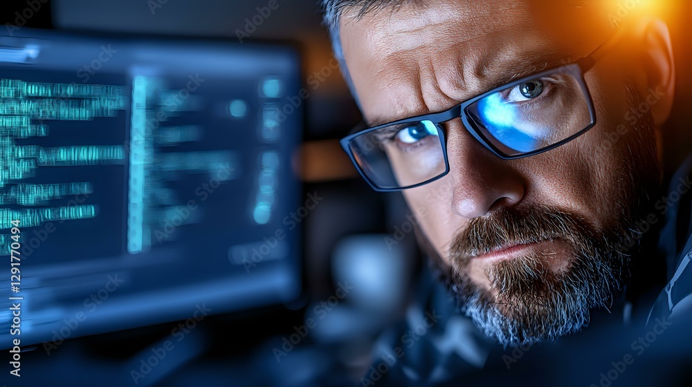 Poster mature bearded male programmer in glasses working late at computer screen with code reflection, focu