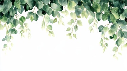 Lush green leaves cascading over a white background, ideal for backgrounds or design elements.